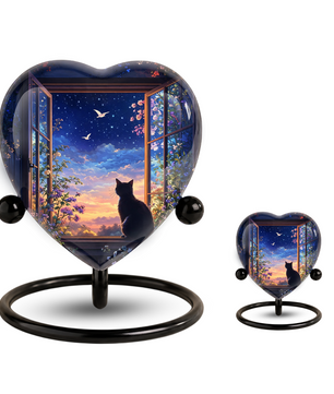 Black Cat Sunset Memorial Adult Urn – Heart-Shaped Adult Urn for Ashes Adult Cremation Urns, Urn for Ashes Adult