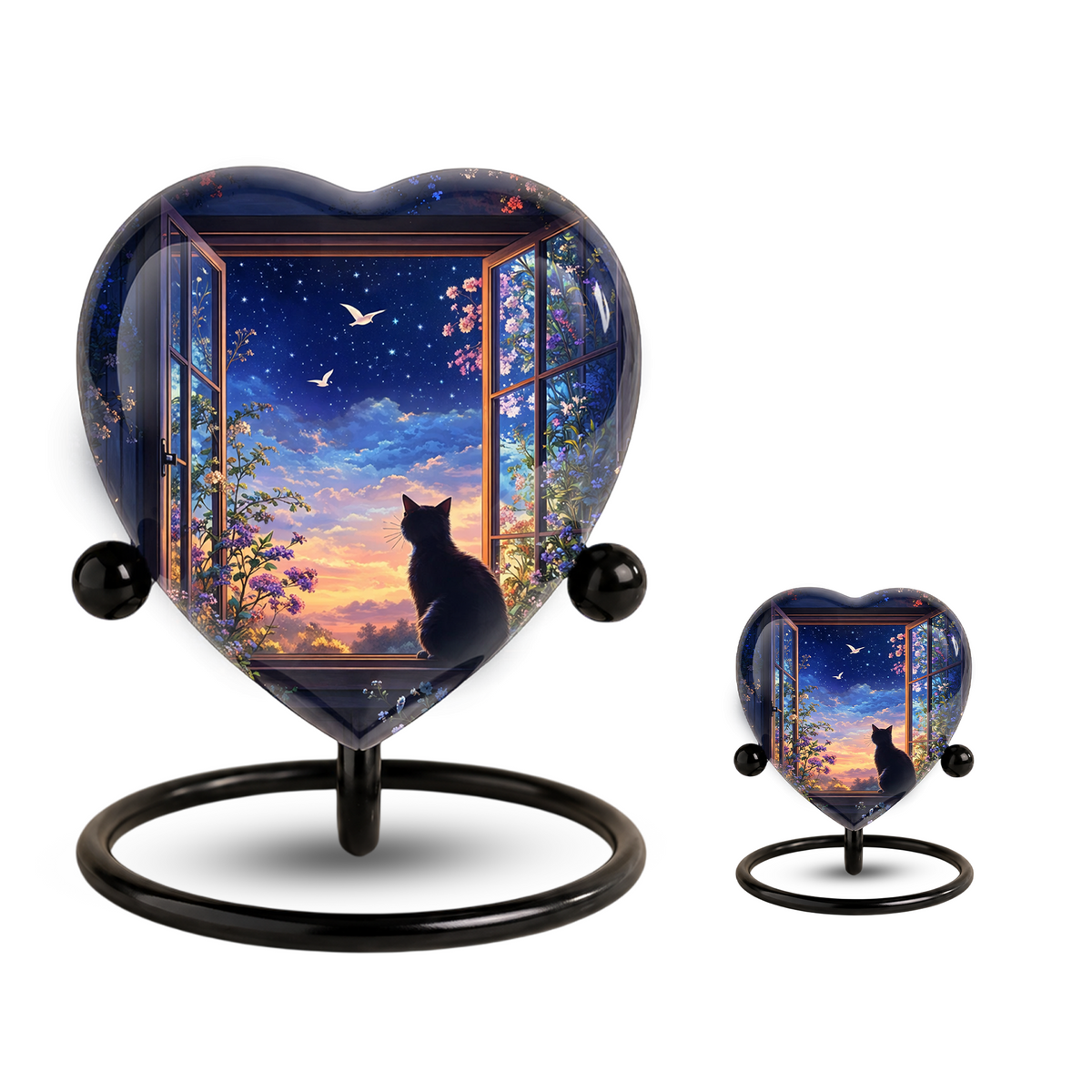 Black Cat Sunset Memorial Adult Urn – Heart-Shaped Adult Urn for Ashes Adult Cremation Urns, Urn for Ashes Adult