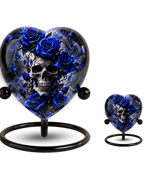 Blue Rose Skull Cremation Urn for Ashes, Gothic Memorial Urn, Blue Rose Urn, Skull Heart Urn, Personalized Adult Cremation Urn