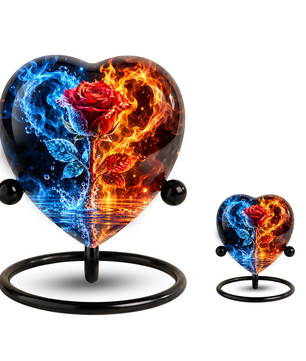 Heart Shaped Red Rose Urn for Ashes, Blue and Orange Flame Cremation Urn