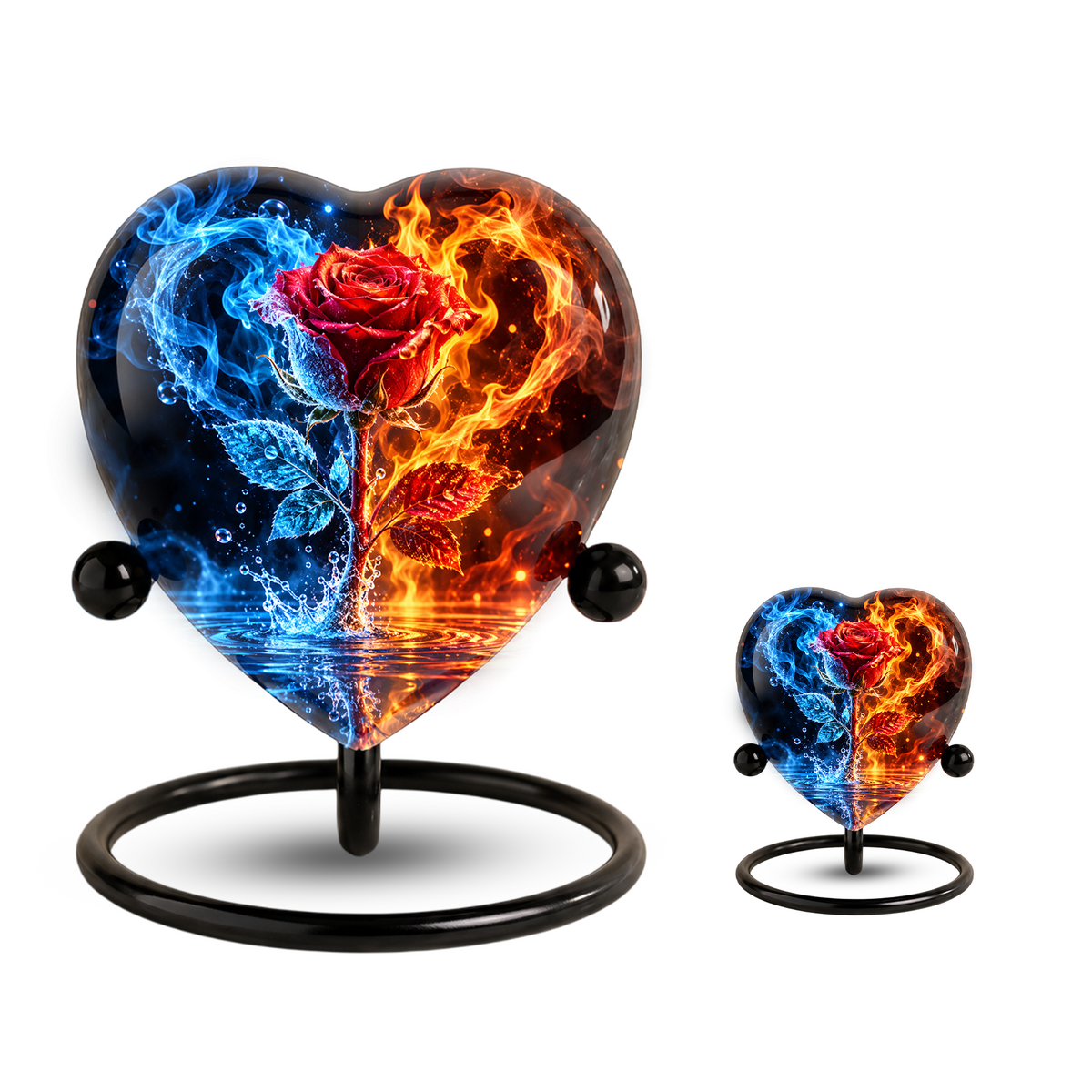 Heart Shaped Red Rose Urn for Ashes, Blue and Orange Flame Cremation Urn