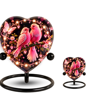 Heart Shaped Pink Birds Urn for Ashes, Butterfly Cremation Urn, Romantic Love Birds Memorial Urn for Human Ashes