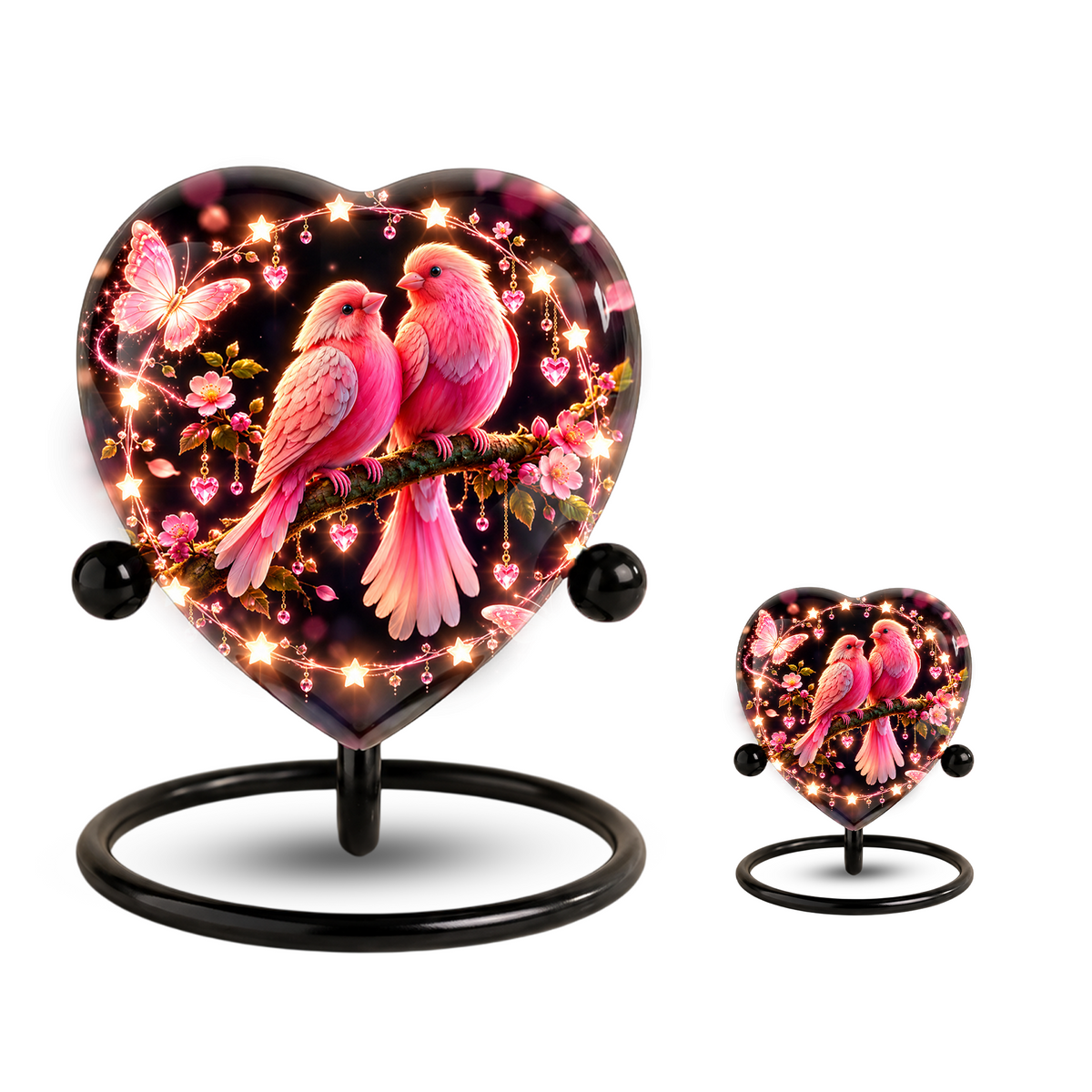 Heart Shaped Pink Birds Urn for Ashes, Butterfly Cremation Urn, Romantic Love Birds Memorial Urn for Human Ashes