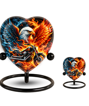 Heart Shaped Eagle Motorcycle Urn for Ashes, Phoenix Fire Cremation Urn, Biker Memorial Urn for Human Ashes