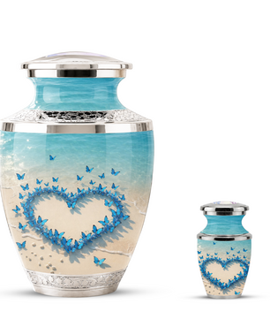 Custom Blue Butterfly Heart Cremation Urn for Mom, Beach Memorial Keepsake Urn