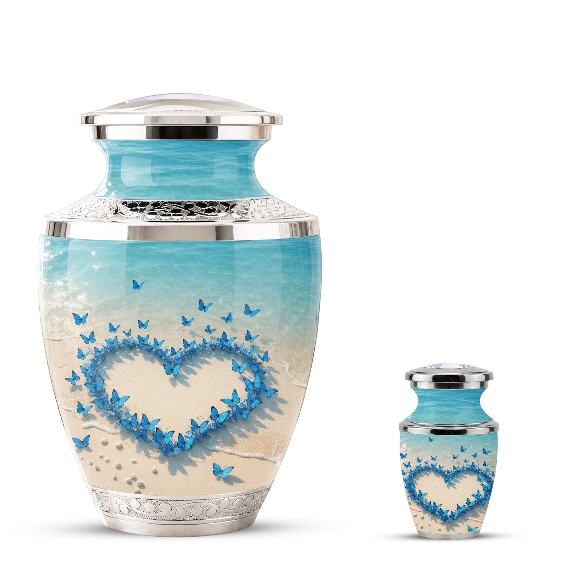 Custom Blue Butterfly Heart Cremation Urn for Mom, Beach Memorial Keepsake Urn