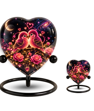 Heart Shaped Love Birds Urn for Ashes, Romantic Pink Birds Cremation Urn