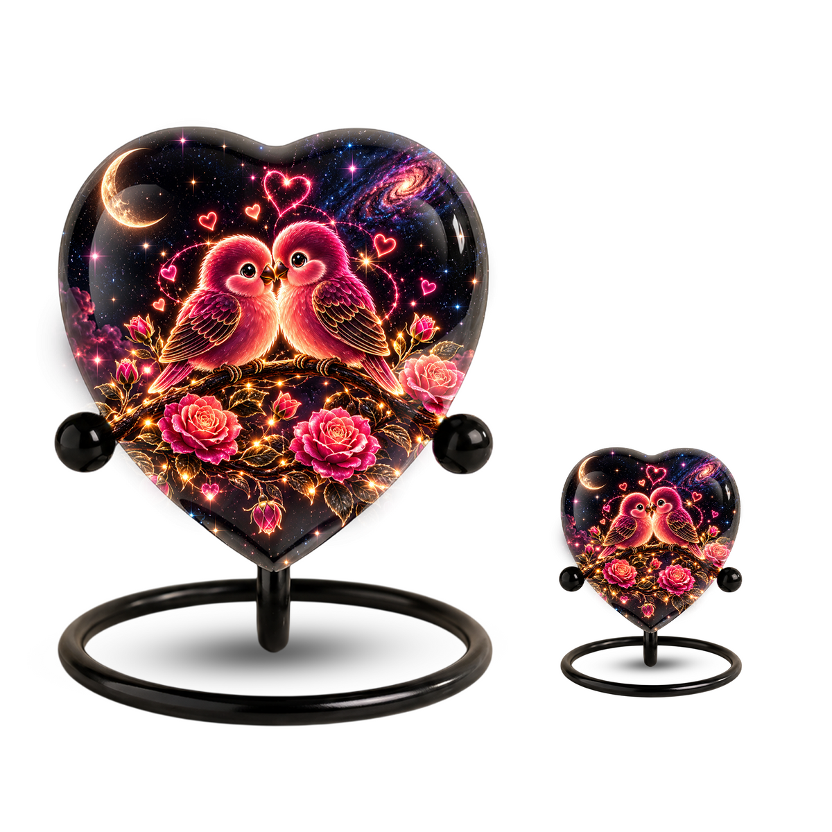 Heart Shaped Love Birds Urn for Ashes, Romantic Pink Birds Cremation Urn