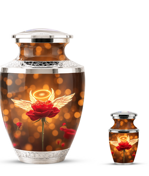 Red Rose Angel Cremation Urn for Ashes, Funeral Flower Memorial Urn for Adults