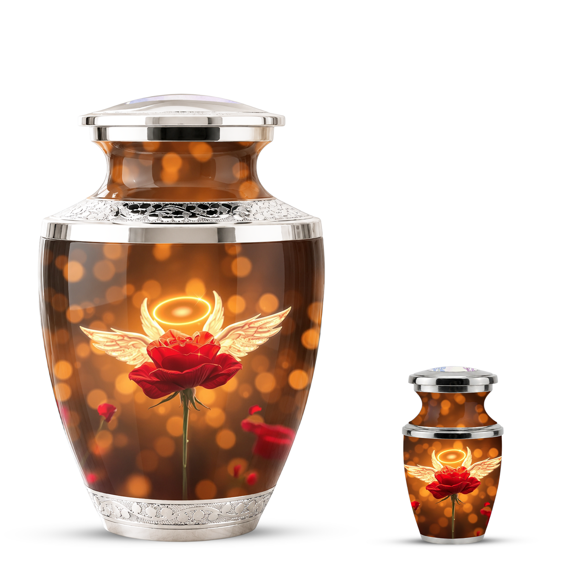 Red Rose Angel Cremation Urn for Ashes, Funeral Flower Memorial Urn for Adults
