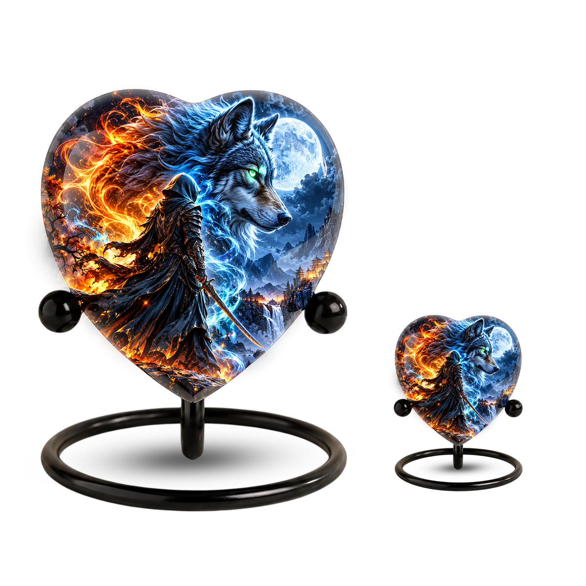 Wolf Adult Urn for Ashes, Fire and Ice Wolf Memorial Urn, Blue Moon Fantasy Cremation Urn