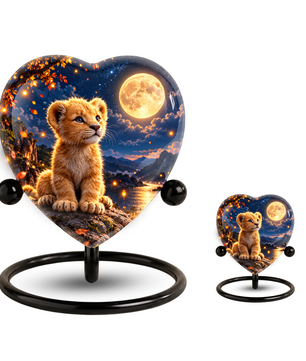 Lion Cub Adult Urn for Ashes, Baby Lion Memorial Urn, Golden Moon and Mountain Cremation Urn
