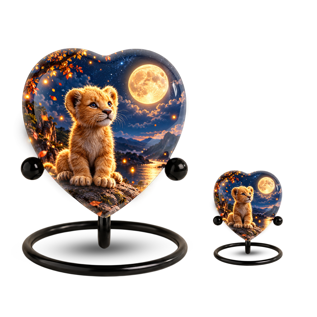 Lion Cub Adult Urn for Ashes, Baby Lion Memorial Urn, Golden Moon and Mountain Cremation Urn