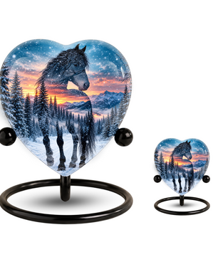 Heart Shaped Horse Urn for Ashes, Winter Mountain Sunset Cremation Urn