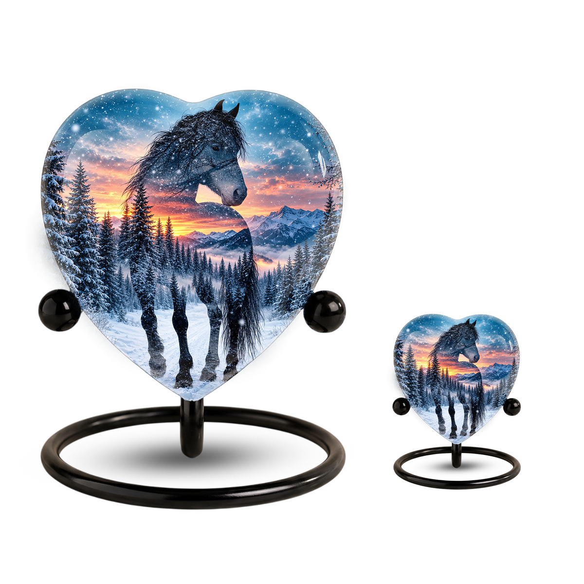 Heart Shaped Horse Urn for Ashes, Winter Mountain Sunset Cremation Urn