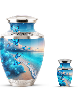 Blue Butterfly Beach Urn for Mom, Ocean Cremation Urn for Women, Butterfly Memorial Keepsake