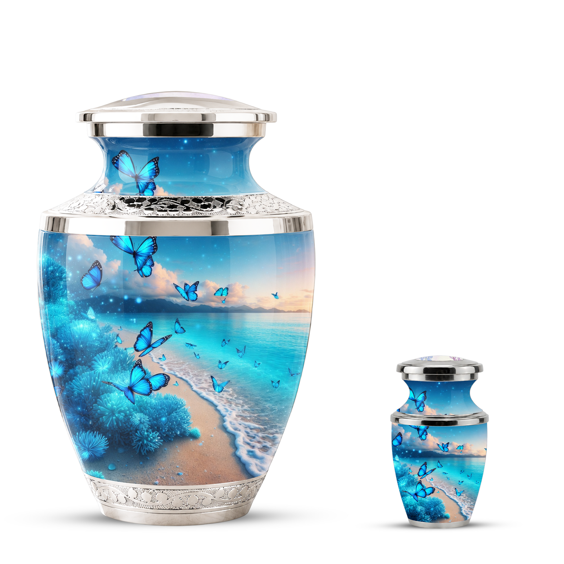 Blue Butterfly Beach Urn for Mom, Ocean Cremation Urn for Women, Butterfly Memorial Keepsake