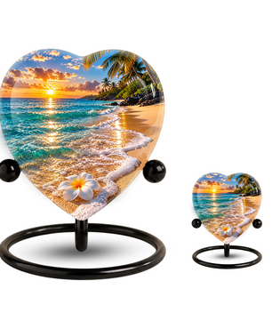 Beach Sunset Cremation Urn for Ashes, Tropical Ocean Memorial Urn, Heart Shaped Beach Urn, Personalized Coastal Urn,