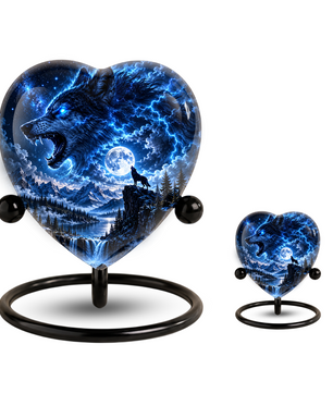 Wolf Adult Urn for Ashes, Blue Lightning Wolf Memorial Urn, Full Moon and Mountain Cremation Urn,