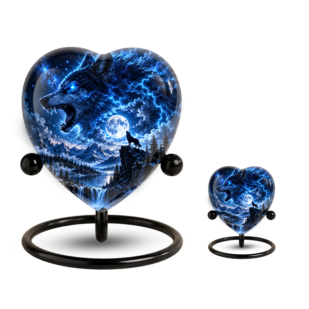 Wolf Adult Urn for Ashes, Blue Lightning Wolf Memorial Urn, Full Moon and Mountain Cremation Urn,