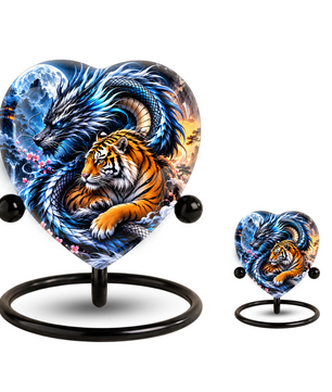 Heart Shaped Dragon and Tiger Urn for Ashes, Fantasy Animal Cremation Urn, Blue Dragon Tiger Memorial Urn for Human Ashes