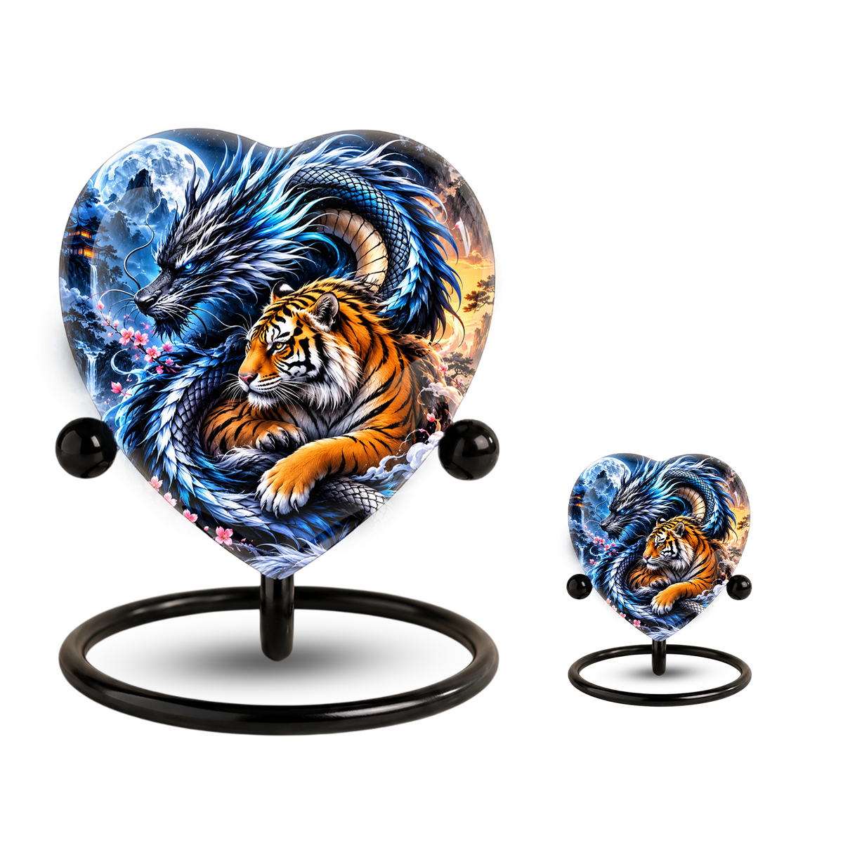 Heart Shaped Dragon and Tiger Urn for Ashes, Fantasy Animal Cremation Urn, Blue Dragon Tiger Memorial Urn for Human Ashes