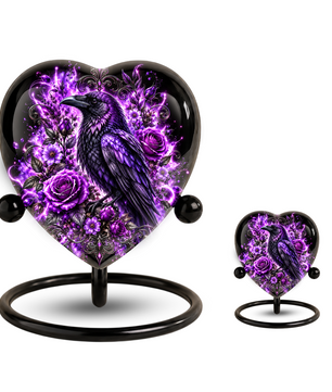 Purple Raven Heart Cremation Urn for Ashes, Raven Memorial Urn, Purple Floral Urn, Crow Urn for Ashes, Gothic Heart Cremation Urn