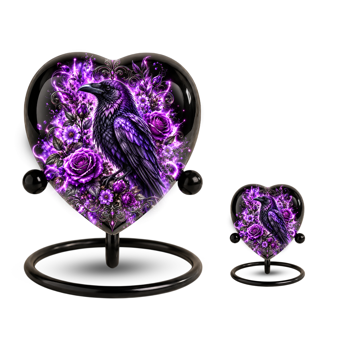 Purple Raven Heart Cremation Urn for Ashes, Raven Memorial Urn, Purple Floral Urn, Crow Urn for Ashes, Gothic Heart Cremation Urn