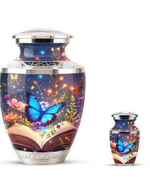 Butterfly Book Cremation Urn for Female - Blue Butterfly Floral Book Urn for Human Ashes