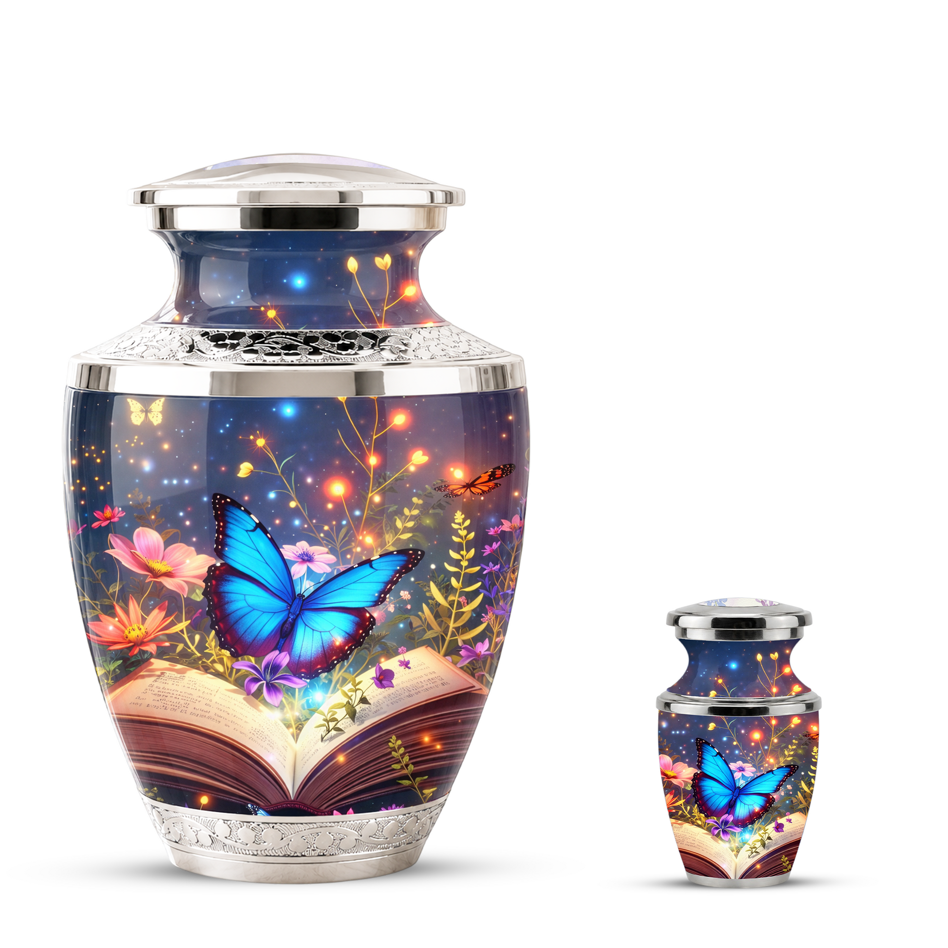 Butterfly Book Cremation Urn for Female - Blue Butterfly Floral Book Urn for Human Ashes