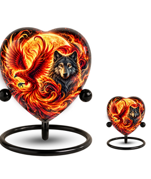 Heart Shaped Wolf and Phoenix Urn for Ashes, Personalized Fantasy Cremation Urn