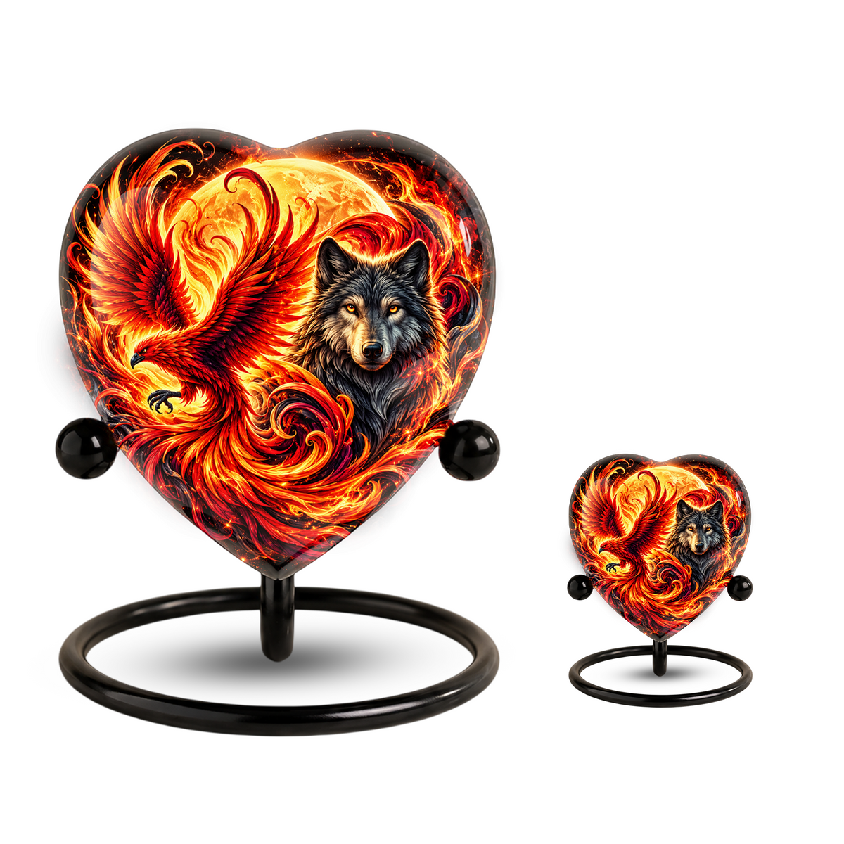 Heart Shaped Wolf and Phoenix Urn for Ashes, Personalized Fantasy Cremation Urn