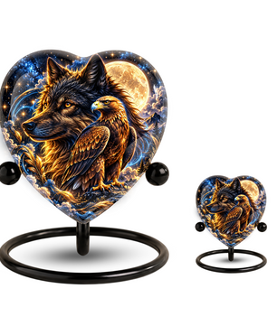 Heart Shaped Wolf and Eagle Urn for Ashes, Wildlife Cremation Urn, Celestial Moon Animal Memorial Urn