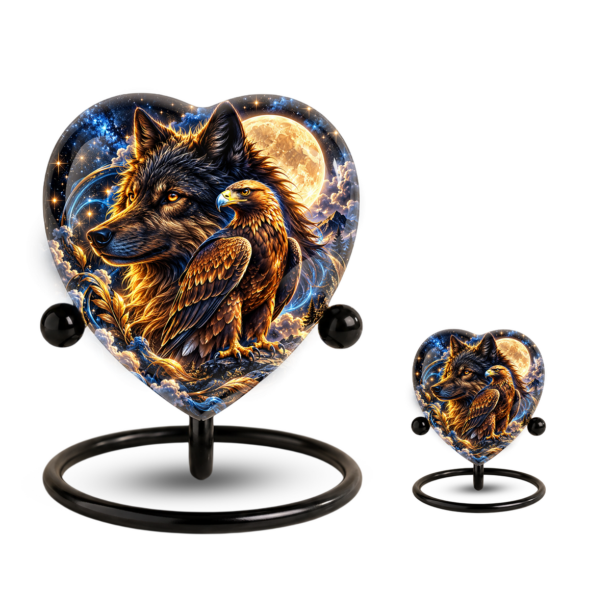 Heart Shaped Wolf and Eagle Urn for Ashes, Wildlife Cremation Urn, Celestial Moon Animal Memorial Urn