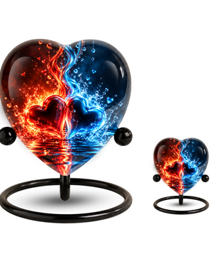 Heart Shaped Red and Blue Hearts Urn for Ashes, Flame Cremation Urn, Romantic Love Memorial Urn for Human Ashes