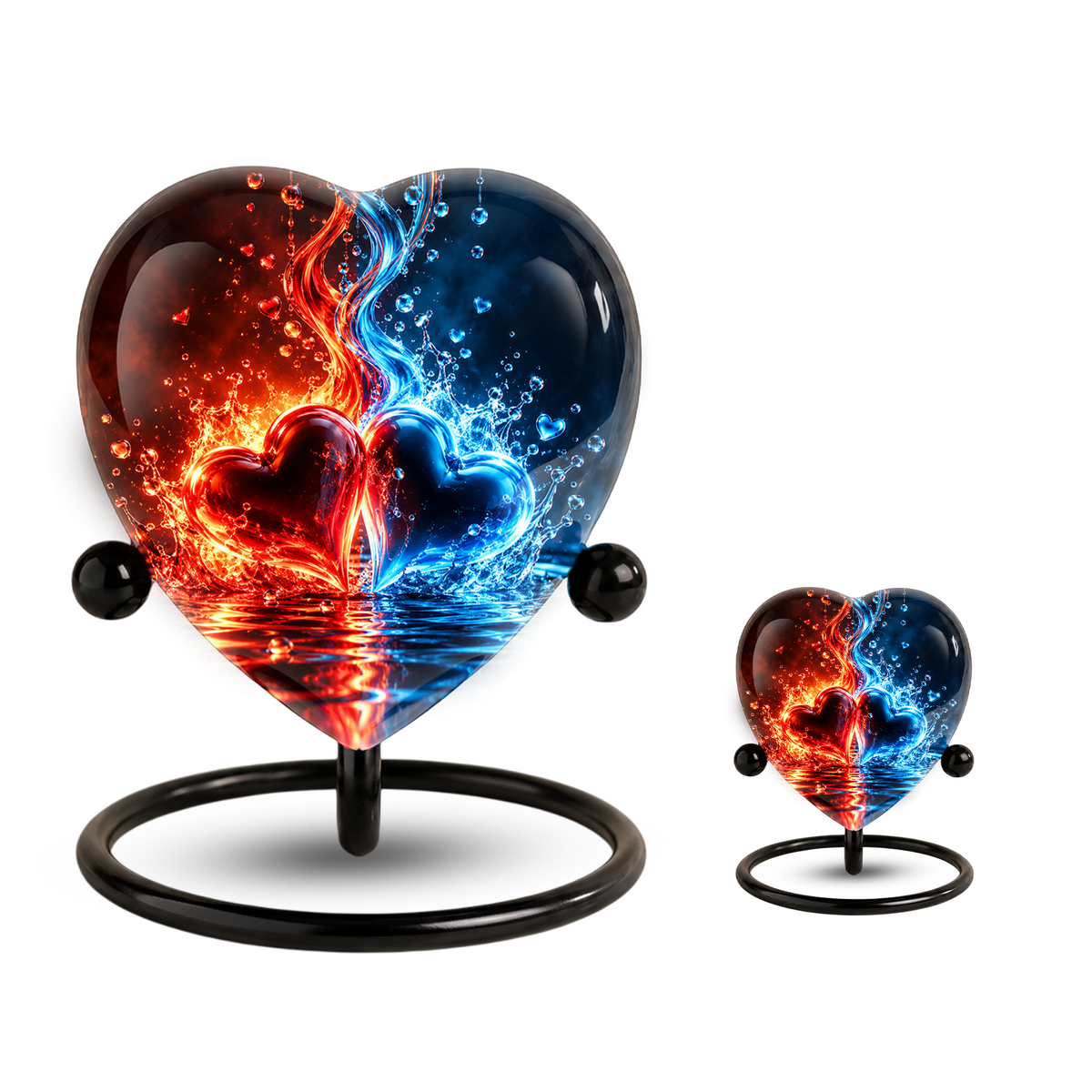 Heart Shaped Red and Blue Hearts Urn for Ashes, Flame Cremation Urn, Romantic Love Memorial Urn for Human Ashes