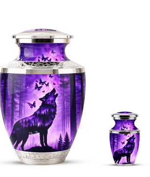 Purple Wolf Cremation Urn for Dad, Wolf Memorial Urn for Men, Wildlife Keepsake Ashes Urn for Father