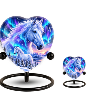 Heart Shaped White Horse Urn for Ashes, Aurora Borealis Horse Cremation Urn, Winter Wonderland Equine Memorial Urn