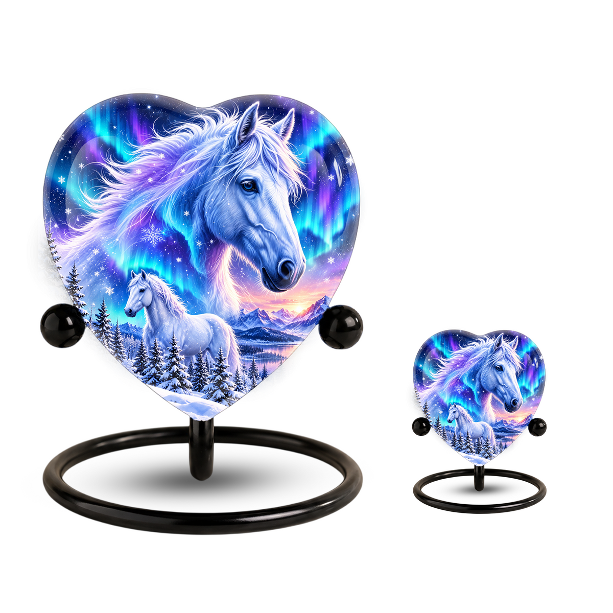 Heart Shaped White Horse Urn for Ashes, Aurora Borealis Horse Cremation Urn, Winter Wonderland Equine Memorial Urn
