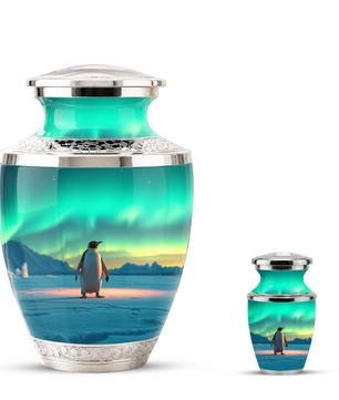 Northern Lights Penguin Cremation Urn for Human Ashes, Personalized Memorial Urn