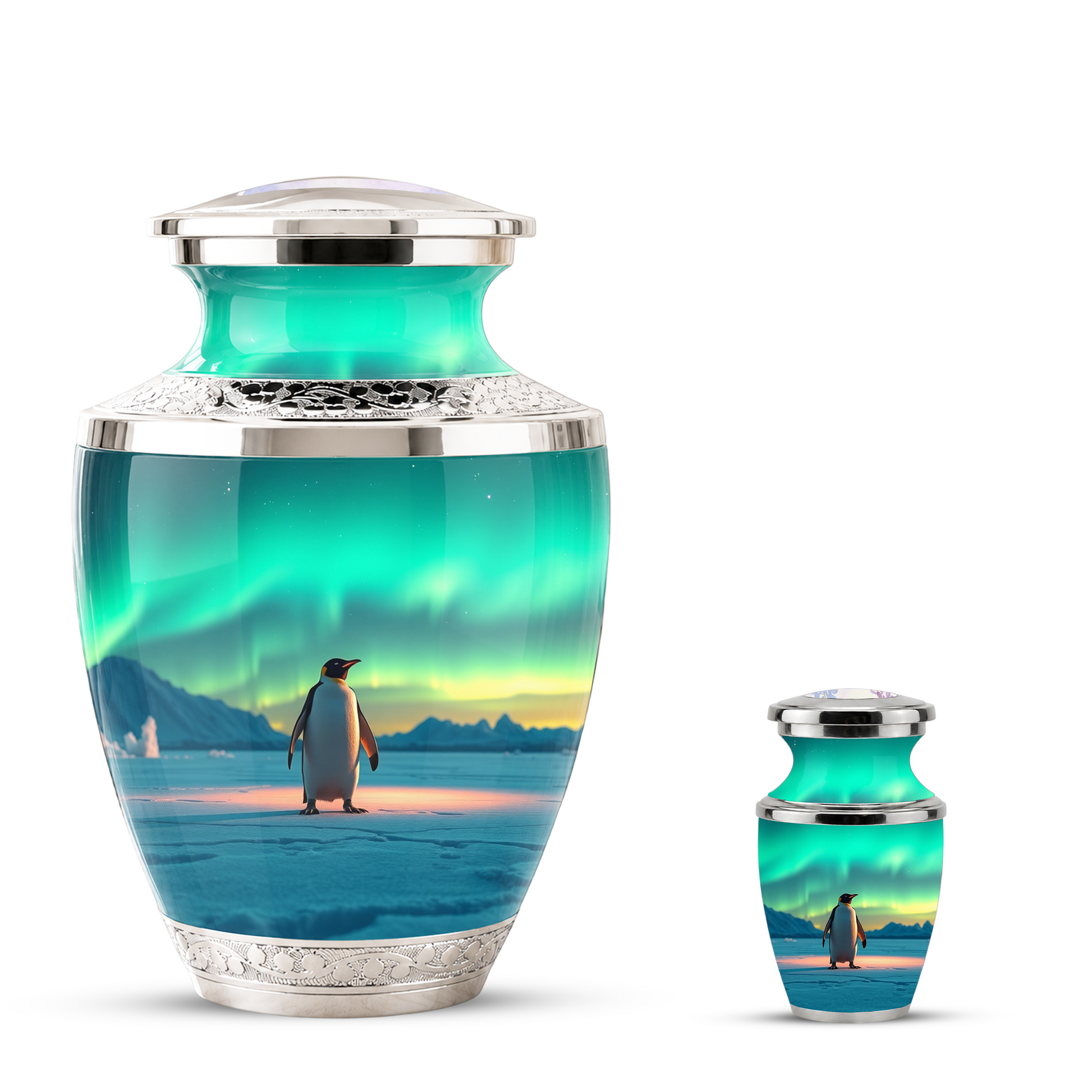 Northern Lights Penguin Cremation Urn for Human Ashes, Personalized Memorial Urn
