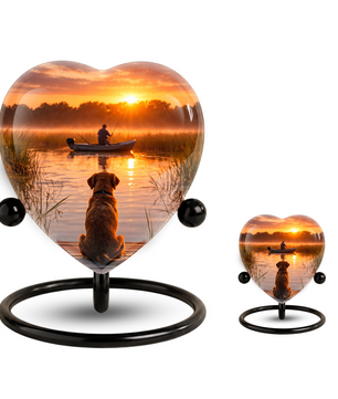 Sunset Fishing Dog Adult Urn for Human Ashes – Heart-Shaped Lake Memorial Adult Cremation Urn