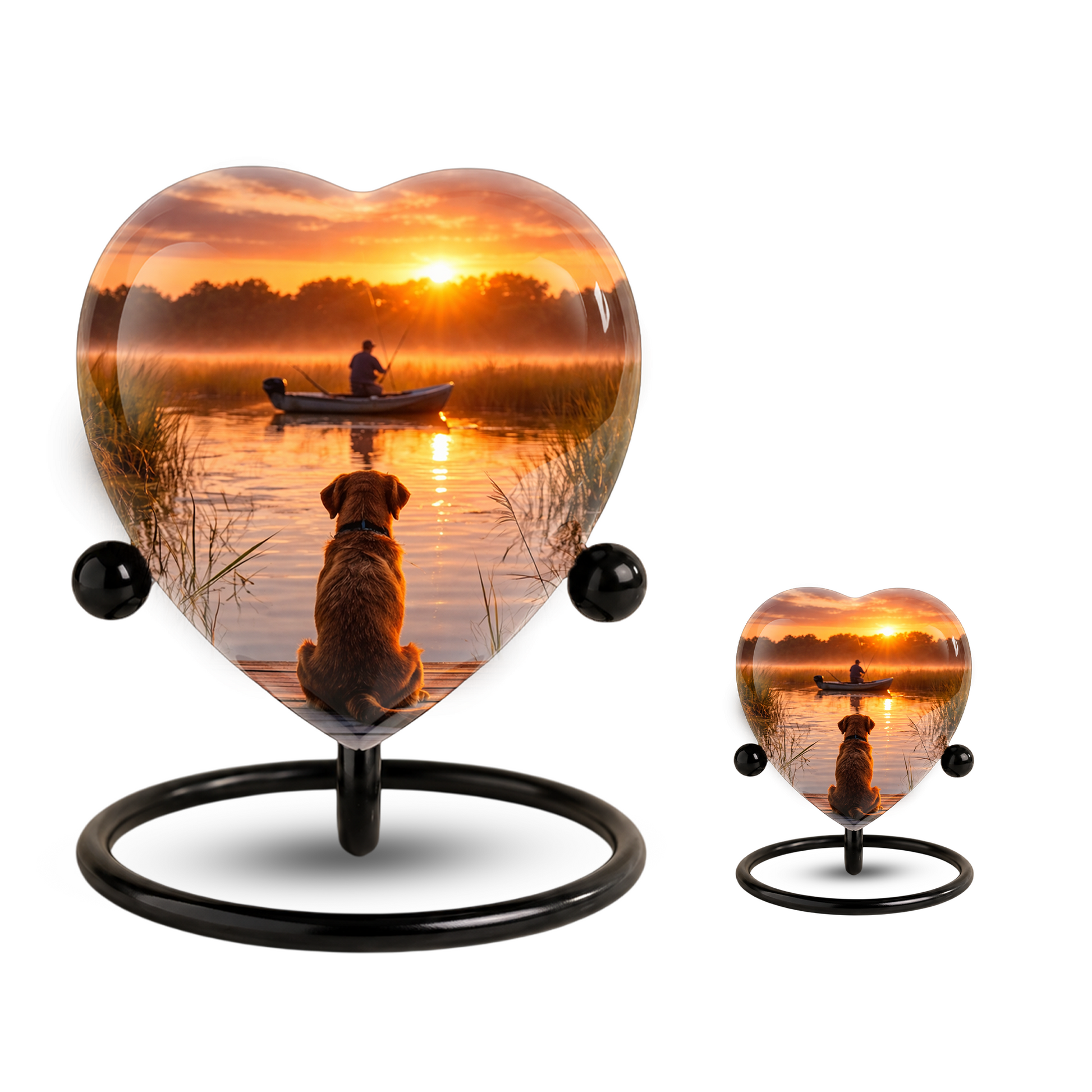 Sunset Fishing Dog Adult Urn for Human Ashes – Heart-Shaped Lake Memorial Adult Cremation Urn