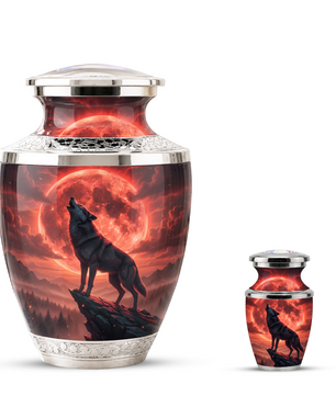Howling Wolf Cremation Urn for Men, Red Moon Custom Memorial Urn for Father