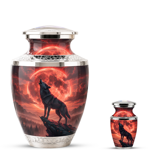 Howling Wolf Cremation Urn for Men, Red Moon Custom Memorial Urn for Father