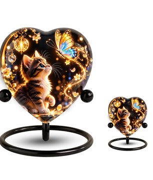 Heart Shaped Cat Urn for Ashes, Kitten and Butterfly Cremation Urn, Personalized Pet Memorial Urn for Human Ashes