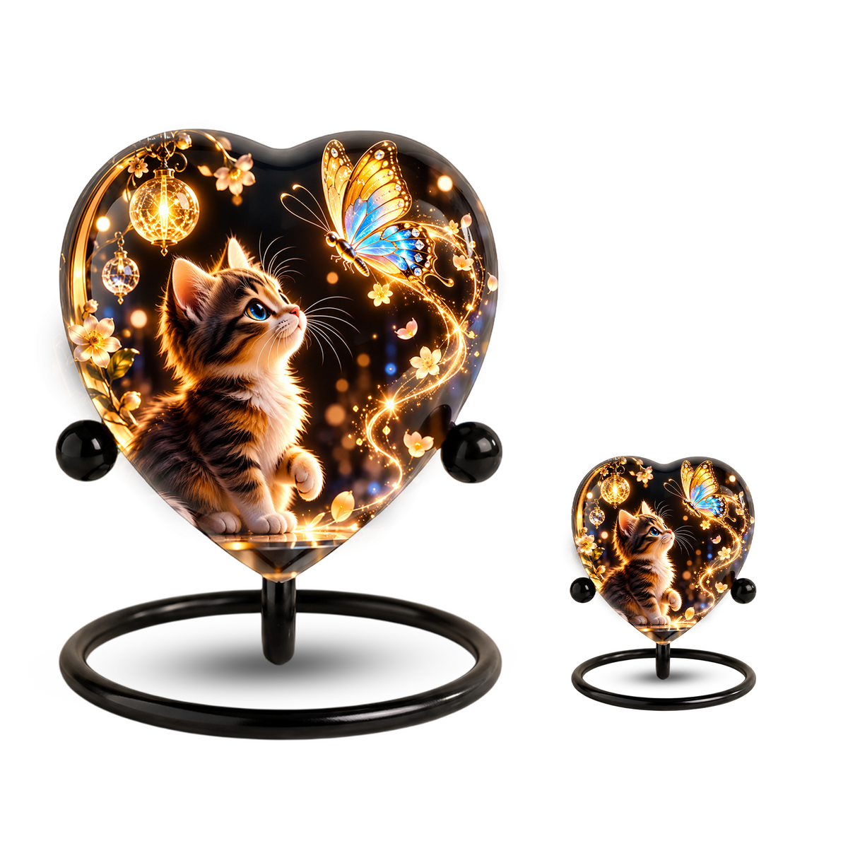 Heart Shaped Cat Urn for Ashes, Kitten and Butterfly Cremation Urn, Personalized Pet Memorial Urn for Human Ashes
