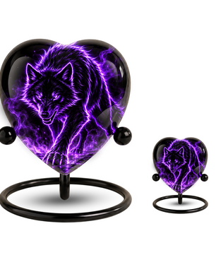 Purple Wolf Adult Cremation Urn for Ashes, Black Wolf Memorial Urn, Personalized Heart Shaped Adult Urn, Wolf Cremation Urn