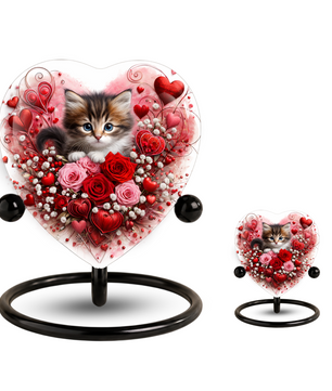Personalized Cat Urn for Ashes – Heart-Shaped Kitten & Rose Memorial, Custom Pet Urn for Cat