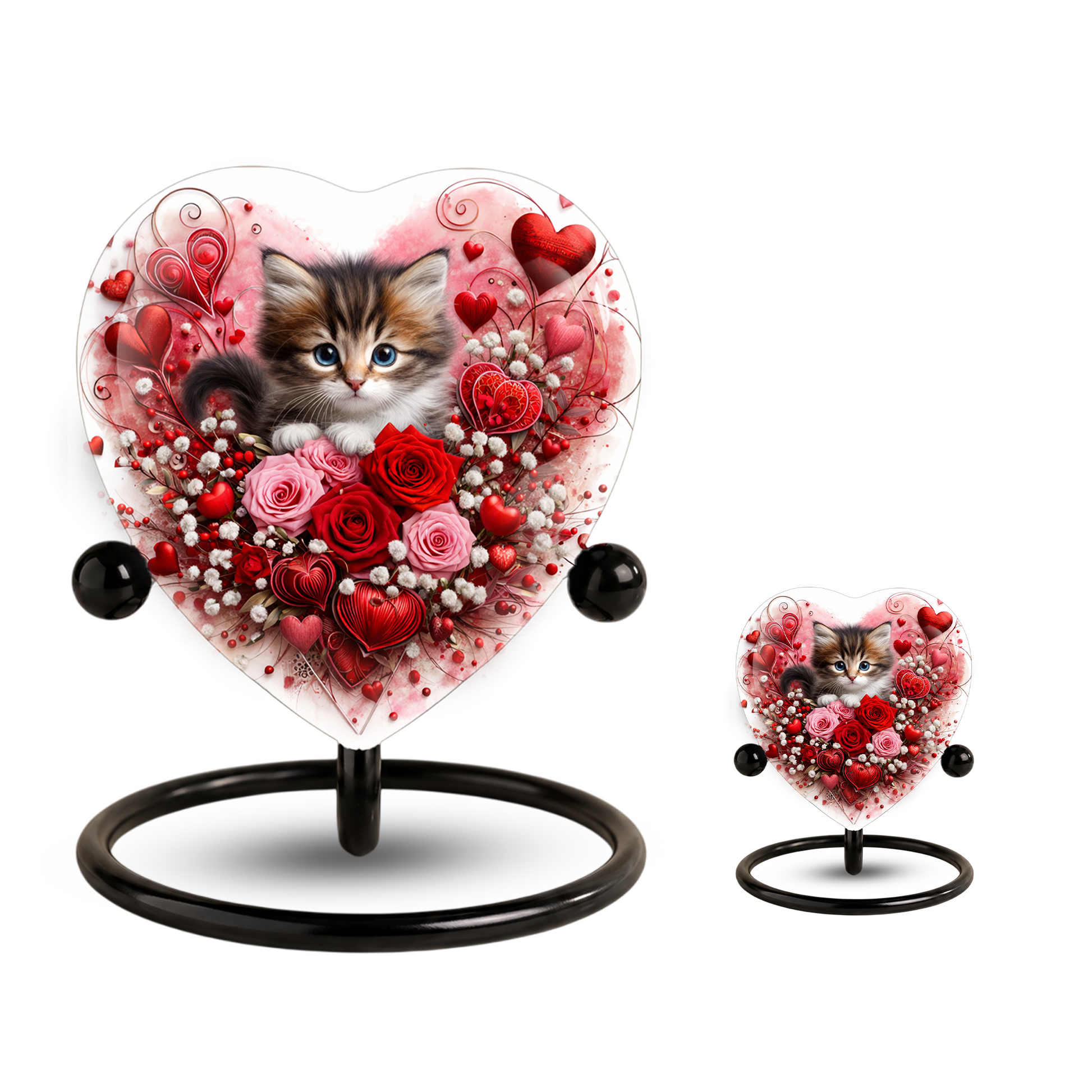 Personalized Cat Urn for Ashes – Heart-Shaped Kitten & Rose Memorial, Custom Pet Urn for Cat